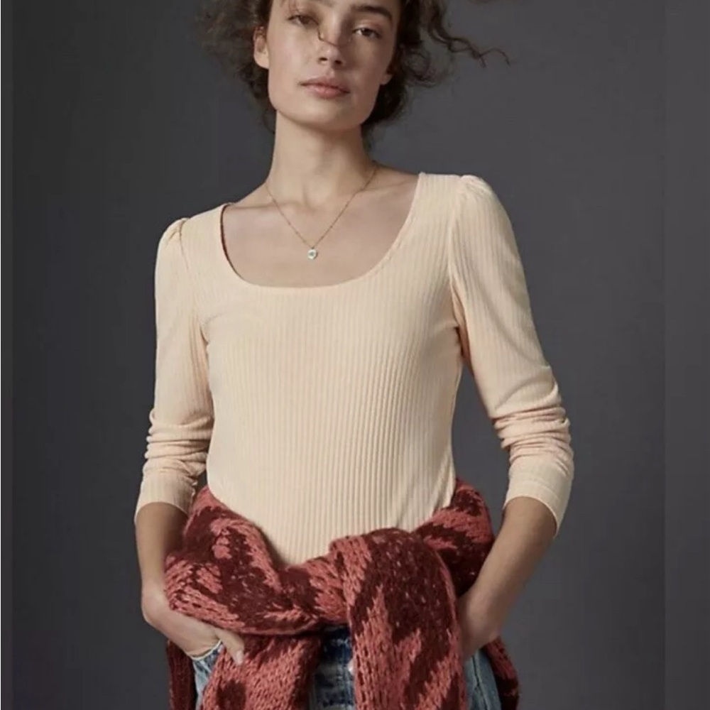 Anthropologie Ribbed Long Sleeve Scoop Neck Top orange Medium